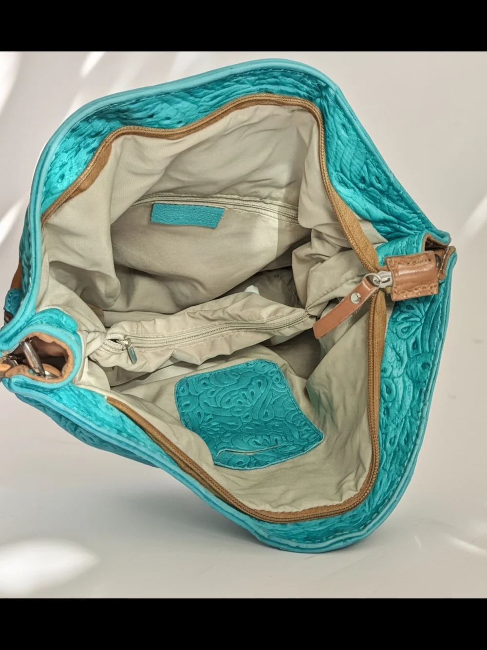 Turquoise Embossed Leather Hobo Bag with Tan Strap